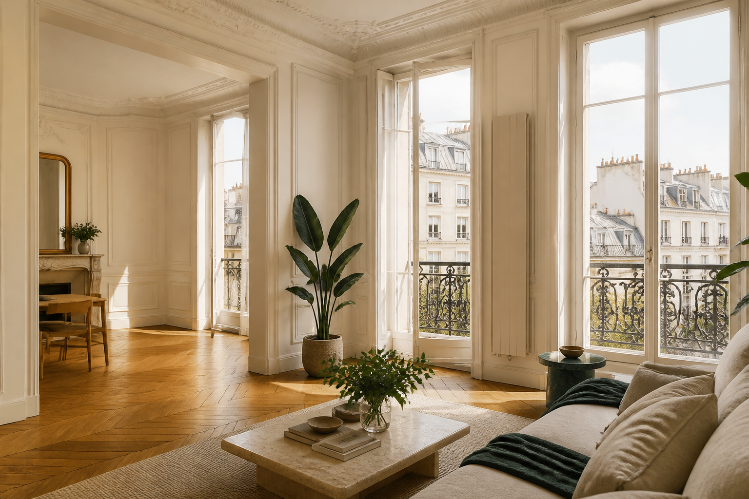 Appartement parisien lumineux avec parquet et grandes fenêtres